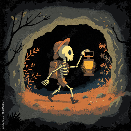 Cartoon skeleton explorer with lantern walking through dark cave, adventurous hiking scene in vintage style illustration