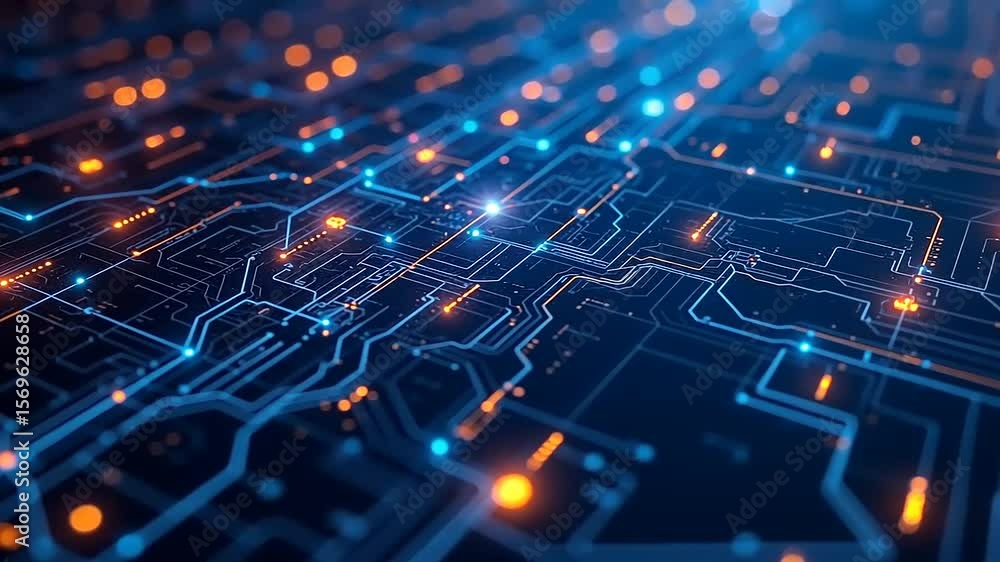 Abstract electronic circuit board with glowing lights representing futuristic technology Abstract electronic circuit board with glowing lights representing futuristic technology