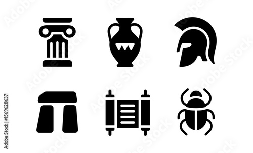 Ancient civilization symbols: columns, pottery, helmets, stonehenge, scrolls, and scarabs
