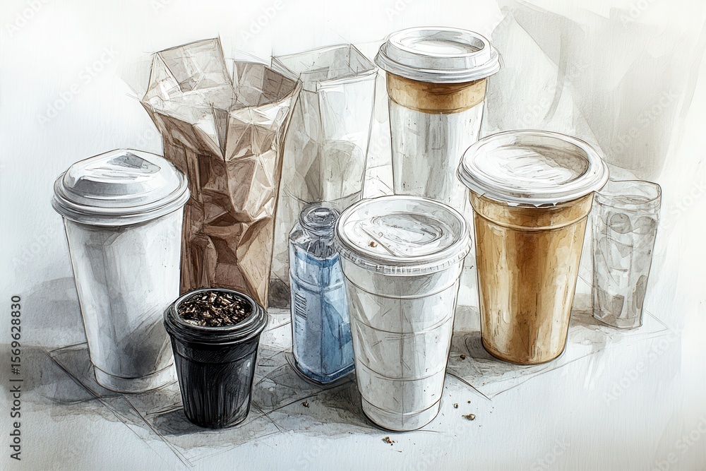 Fototapeta A variety of disposable coffee cups, bottles, and containers arranged on a table with a soft background