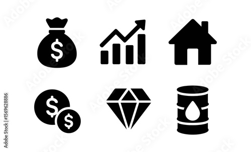 Finance and economy icons: money, growth, housing, currency, wealth, energy
