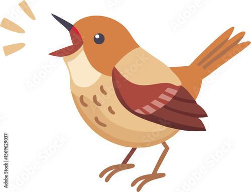 Pacific wren singing with immense vigor, tiny bird, loud song, forest, nature, illustration