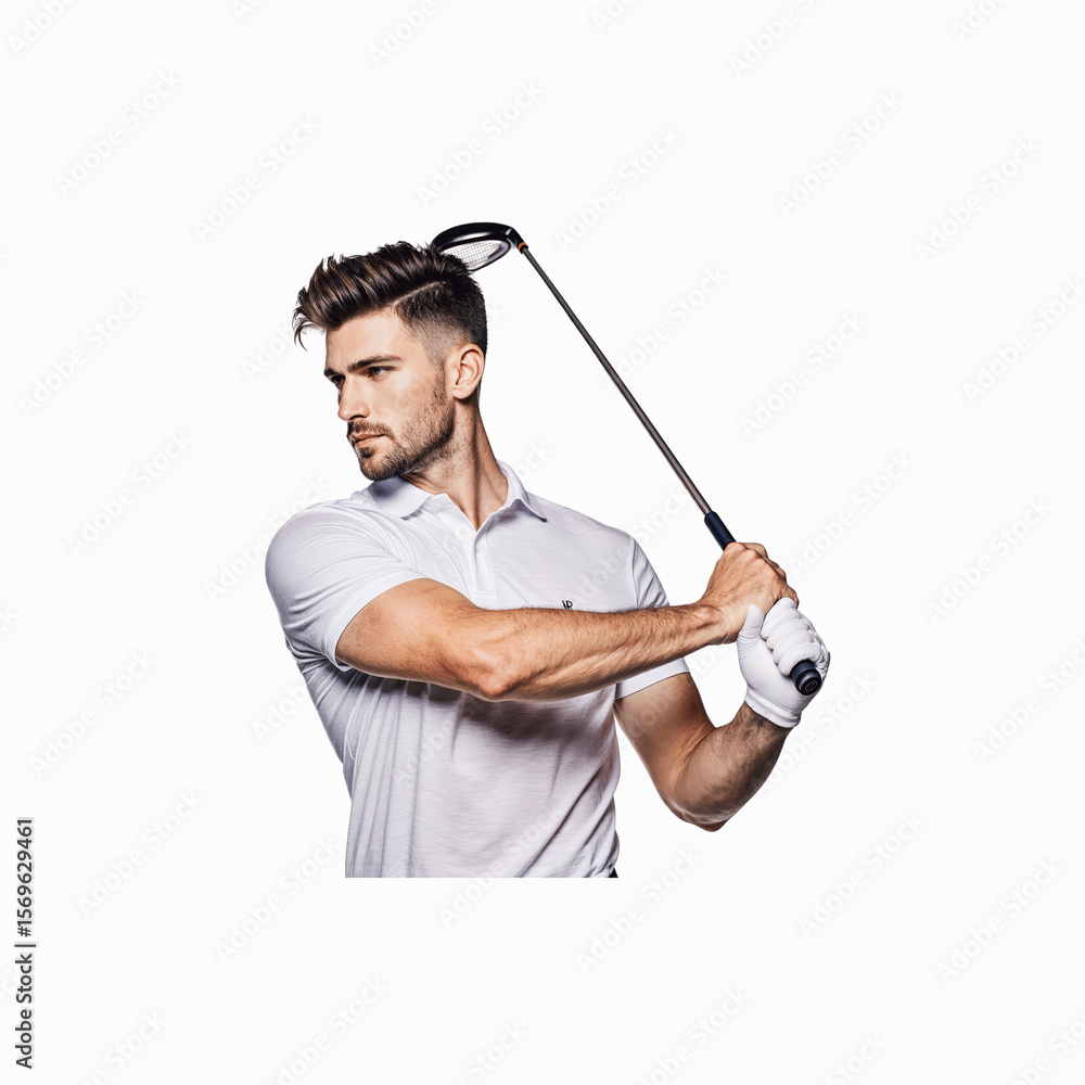 Golfer with Focused Swing: A concentrated golfer executes a swing with precision in a professional action shot Golfer with Focused Swing: A concentrated golfer executes a swing with precision in a professional action shot