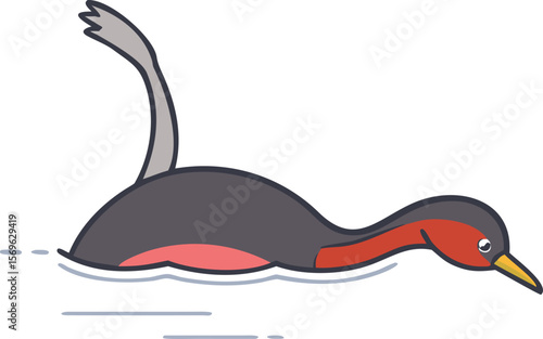 Red-necked grebe with neck outstretched, diving gracefully, water bird, lake, illustration