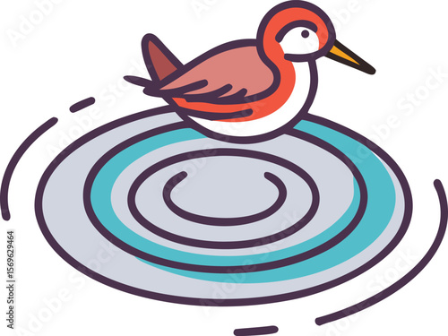 Red-necked phalarope spinning in circles, creating vortex, waterbird, unique, illustration