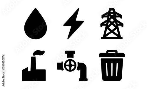 Essential utility icons set: water, energy, industry, waste, and power elements