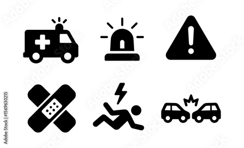 Emergency icons set featuring ambulance, alert sign, bandage, accident, and collision symbols