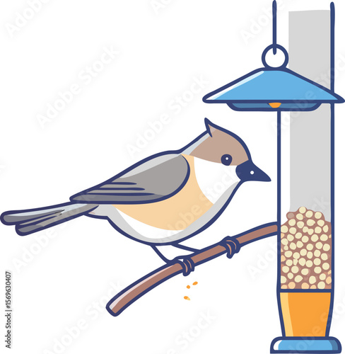 Tufted titmouse hanging from feeder, delicately, small songbird, backyard, nature, illustration