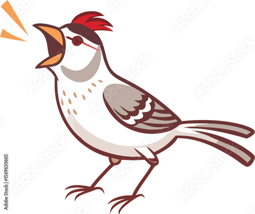 White-crowned sparrow singing loudly, bold head stripes, songbird, feeder bird, illustration