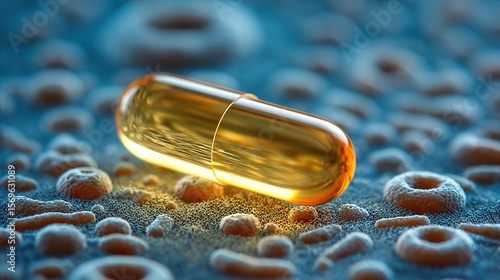 Sunlight through a vitamin D capsule with blurred cells, symbolizing health and longevity science