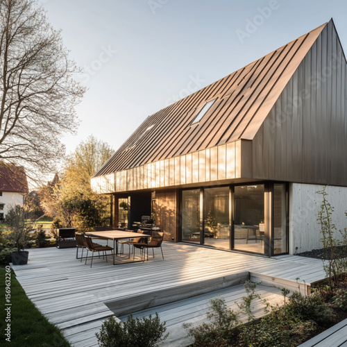 Wallpaper Mural modern house in the park
A row of modern townhouses with beige and white facades.  The houses feature dark gray window frames and are arranged in a row. A paved patio area, with light gray paving ston Torontodigital.ca