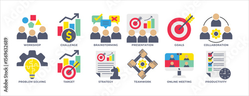 ICON SET WORKSHOP, BRAIN STORMING, PRESENTATION, PROBLEM SOLVING, TARGET, STRATEGY, TEAMWORK AND MORE. ICON FOR APP, WEBSITE, PRESENTAITON ETC. ICON IN FLAT STYLE.
