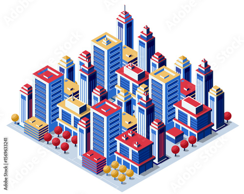Modern isometric city center with skyscrapers and trees growing