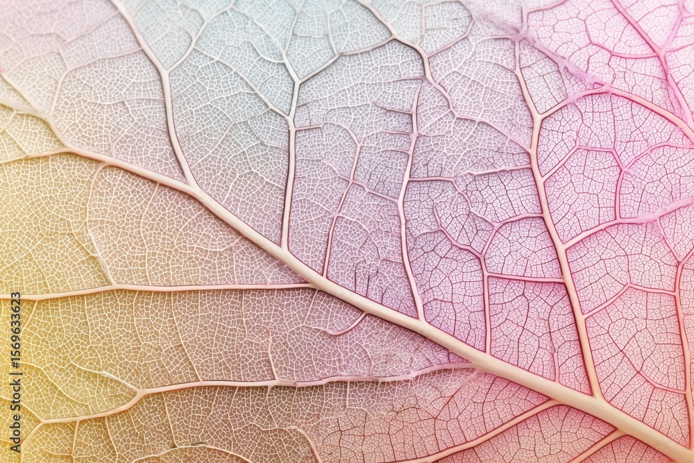 Fototapeta premium Colorful Macro Close-Up of Leaf Veins Highlighting Nature Intricate Patterns.