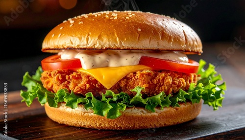 A sizzling crispy chicken sandwich with melted cheese, fresh lettuce, and tomato