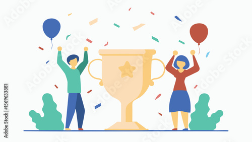 Illustration of a trophy with confetti and two people celebrating with balloons in their hands