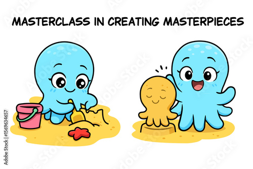 A cute octopus holds a masterclass in creating masterpieces, making a sand sculpture of itself. A conceptual illustration about creativity, learning, skill, and teaching. Perfect for educational mater