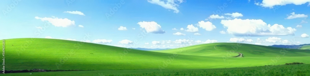 Fototapeta premium Rolling hills blanketed by ethereal clouds beneath a clear azure sky , cloudscape, panorama