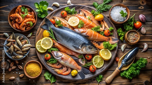 Wallpaper Mural An overhead shot of a seafood platter with fish, shrimp, and fresh ingredients Torontodigital.ca