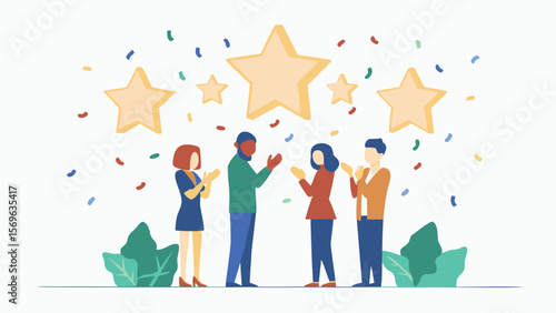 Group of people applauding under stars and confetti with plants at the bottom of the illustration