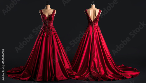 Elegant red gown with intricate bodice detailing, photographed against a dark background.