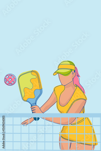 Bright vector illustration of a female pickleball player hitting the ball over the net. Ideal for sports-related content, magazine covers, posters, ads, or fitness-themed web design