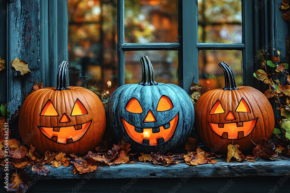 Obraz premium Three carved Halloween pumpkins with glowing faces on a windowsill with autumn leaves