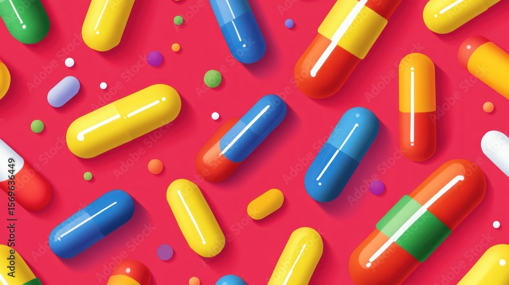Colorful capsules and pills on red background. Colorful capsules and pills on red background.