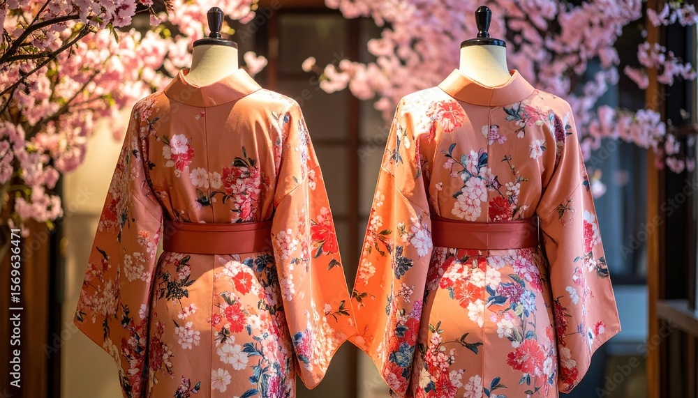Fototapeta premium Two floral kimonos stand in front of a cherry blossom tree in full bloom.