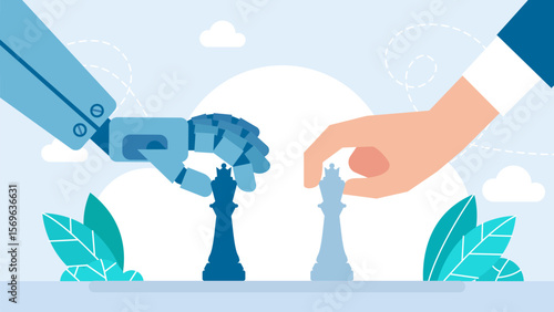 Man and robot playing chess. Robot and human playing chess. Artificial intelligence and people rivalry. AI technology. Hands moving figures at chessboard. Rook and pawn pieces.  Vector illustration