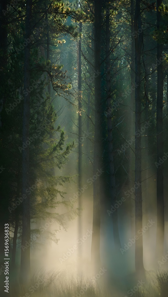 Naklejka premium Misty forest scene with sunbeams filtering through tall trees creating a serene woodland atmosphere.