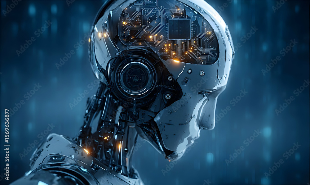 A futuristic robot head, showcasing intricate circuits and glowing elements against a digital backdrop, symbolizing advanced innovation. A futuristic robot head, showcasing intricate circuits and glowing elements against a digital backdrop, symbolizing advanced innovation.