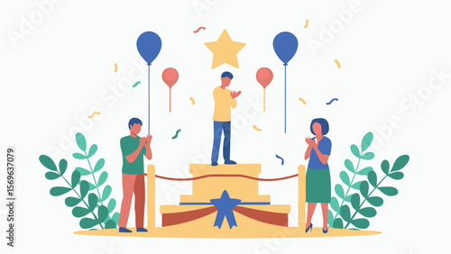 Illustration of a person standing on a podium with balloons and confetti being applauded by people