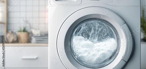 The modern washing machine displaying bubbles in a bright laundry room.