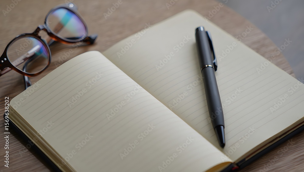 Fototapeta premium A blank notebook lies open with a pen on its pages and glasses resting nearby, suggesting study, planning, or writing.