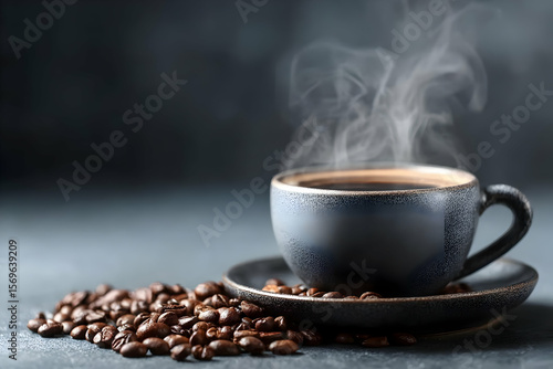 A steaming cup of coffee surrounded by fresh coffee beans, offering a warm and inviting feel for coffee lovers.