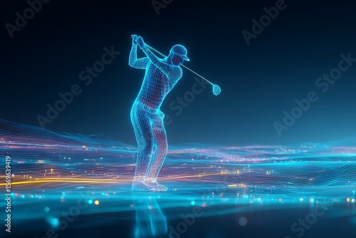 A glowing blue wireframe of a golfer swinging a club over a digital landscape, symbolizing sports technology, virtual reality golf, and the fusion of athletics and cyberspace