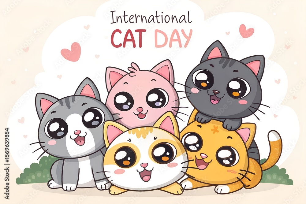 A charming hand-drawn illustration celebrating International Cat Day with a group of five adorable, big-eyed kawaii kittens.
genrative ai