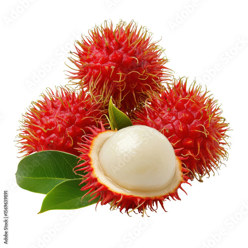 Fresh and Juicy Rambutan Fruit with Vibrant Red Skin and White Flesh Surrounded by Green Leaves on a White Background transparent background