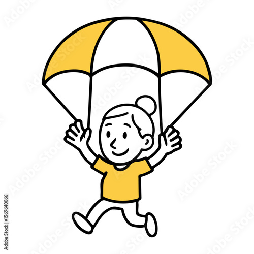 Girl with Parachute. Happy Kid Floating in Air, Paragliding, Simple Hand-Drawn Yellow Line Art Doodle Vector Illustration