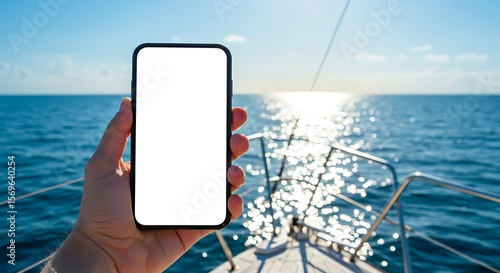 Phone mockup with hands holding device on a boat, ocean sparkling in the background. Ideal for lifestyle, travel, or holiday content.