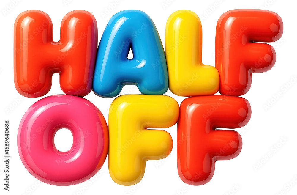 Naklejka premium Colorful bubble sticker with HALF OFF in glossy 3D style, eye-catching retail promotion on transparent background.
