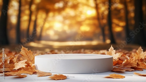 Autumn-themed podium surrounded by fallen leaves with forest backdrop for seasonal product presentation