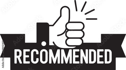 Black thumbs up with recommended text on ribbon approval endorsement