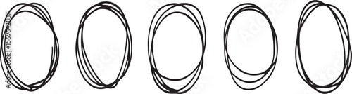 Five hand drawn oval shapes overlapping abstract black and white