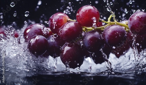 Red grapes splashing into water, close-up.