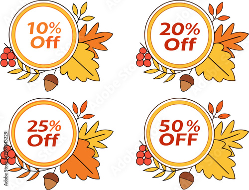 Fall Sale Promotion with 10 20 25 and 50 Percent Off in Circular Badges with Autumn Leaves