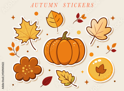 Autumnal Sticker Collection A Whimsical Arrangement of Pumpkins Leaves Books and Bags on a Neutral Background collection
