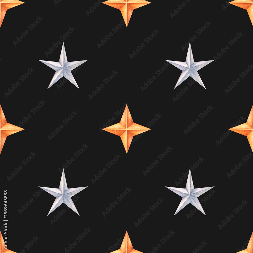 Watercolor pattern of golden and silver 3D stars on a dark background. This seamless design adds a modern and classy touch for wrapping paper, festive textiles, and creative projects. Watercolor pattern of golden and silver 3D stars on a dark background. This seamless design adds a modern and classy touch for wrapping paper, festive textiles, and creative projects.