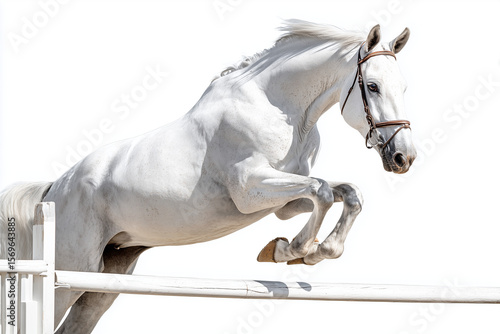 Portrait of horse jumping with elegant posture isolated on white background, Selective focus running horse in racecourse.